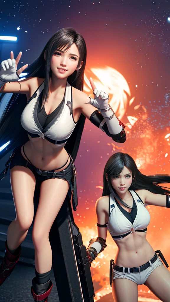 8k,masterpiece, bset quality,big, (1 girl), tifa lockhart, red_eyes, black hair, long hair, professional lighting, (shiny skin: 1.2), shiny big, ((best quality)), sharp focus: 1.2, highly detailed face and skin texture, detailed eyes, perfect face, perfect body, blur art, cg, backgroundBig breasts, 20yo, mature cool and beautiful face, wearing ((suspender black skirt), black elbow gloves, white taut shirt, thigh, white tank top), blush, lively pose, (mittgal), floating hair, random pose,