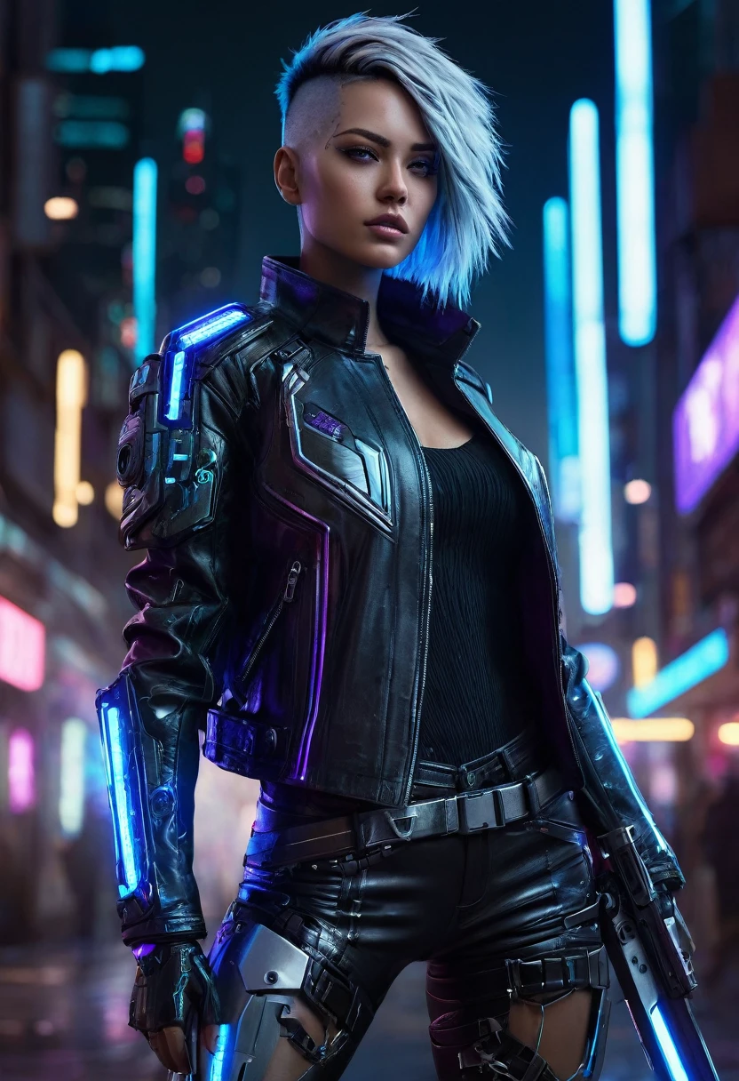 Depicts a cyberpunk hero that looks very realistic with a high level of detail. The character has a naturally textured face, with small streaks on the skin, and sharp, electronically glowing eyes, as if connected to the augmented reality world. She wears a shiny black leather jacket with blue and purple neon light accents that appear to be glowing, providing a dramatic contrast under the city lighting. Her hair is edgy, with a partially shaved cut on the side. Her arms appear to be partially cybernetic with textured metal that shows signs of wear and minor scratches, as if it had been used in battle. On his back, has a futuristic sword that glows a light blue light, with realistic handle details.