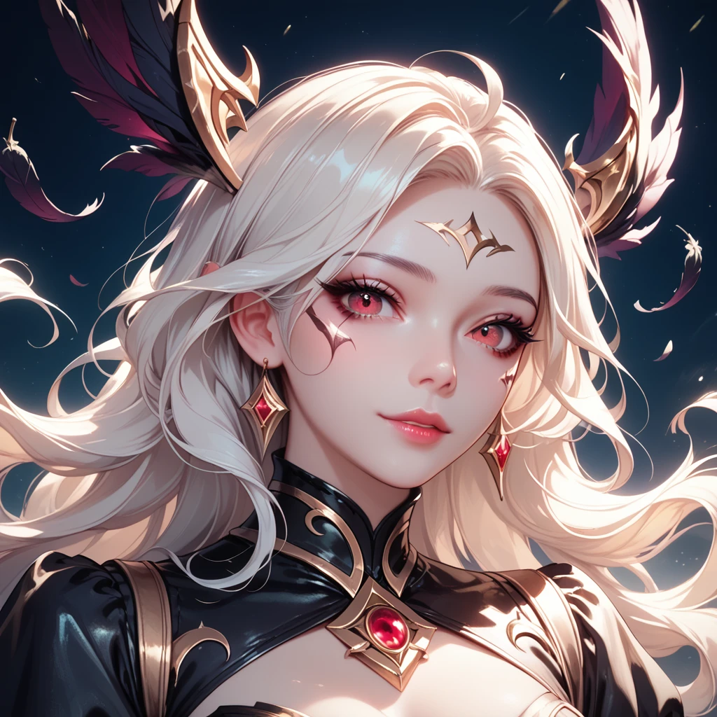 (Coven Morgana from league of legends)1woman, pale white skin, undead, pale gold jewelry, looking at viewer, solo, white long wavy hair, red eyes, tight black and red coven dress with pale gold details, black feather collar, black wings with pale gold details, posing in front of a dark coven backdrop
