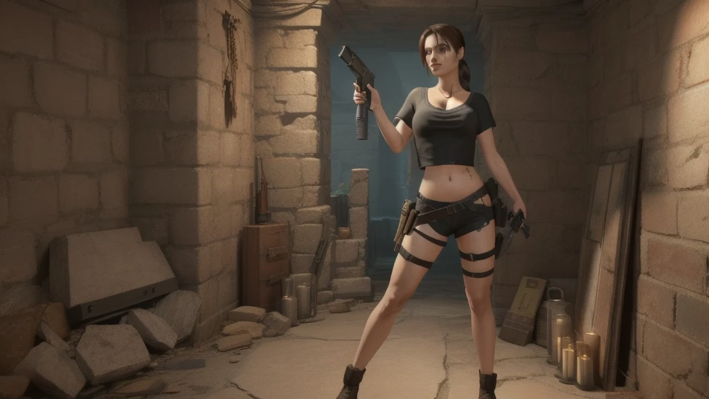  a woman in a black blouse holding a gun and a gun, video game character, Lara Croft, portrait of Lara Croft, tomb raider linda, 3 D Render Character Art 8 K,  full body photos , Lara Croft medieval, women full body,  female full body ,  captures in the game 3D rendering , video game character art, Videogame Avatar, videogame character, game character