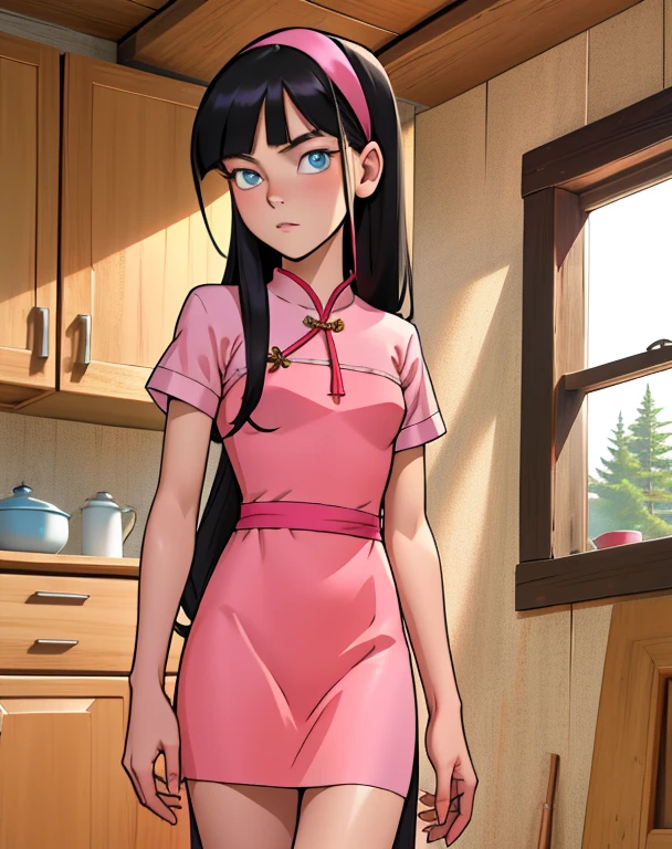 trixie tang,
long black hair,straight hime cut,pink hairband,
blue eyes,big eyes,fair skin,
petite,very young girl, thin,skinny,
masterpiece, best quality, HDR,
wooden cabin interior background,
short sexy pink cheongsam,
