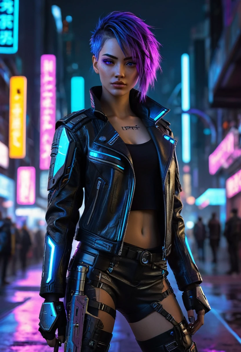 Depicts a cyberpunk hero that looks very realistic with a high level of detail. The character has a naturally textured face, with small streaks on the skin, and sharp, electronically glowing eyes, as if connected to the augmented reality world. She wears a shiny black leather jacket with blue and purple neon light accents that appear to be glowing, providing a dramatic contrast under the city lighting. Her hair is edgy, with a partially shaved cut on the side. Her arms appear to be partially cybernetic with textured metal that shows signs of wear and minor scratches, as if it had been used in battle. On his back, has a futuristic sword that glows a light blue light, with realistic handle details.