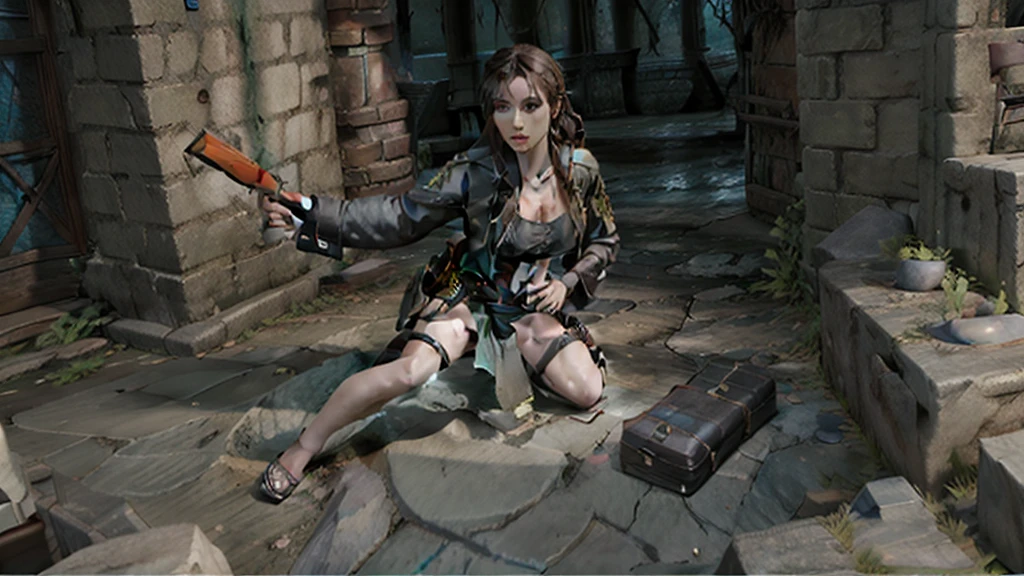  a woman in a black blouse holding a gun and a gun, video game character, Lara Croft, portrait of Lara Croft, tomb raider linda, 3 D Render Character Art 8 K,  full body photos , Lara Croft medieval, women full body,  female full body ,  captures in the game 3D rendering , video game character art, Videogame Avatar, videogame character, game character