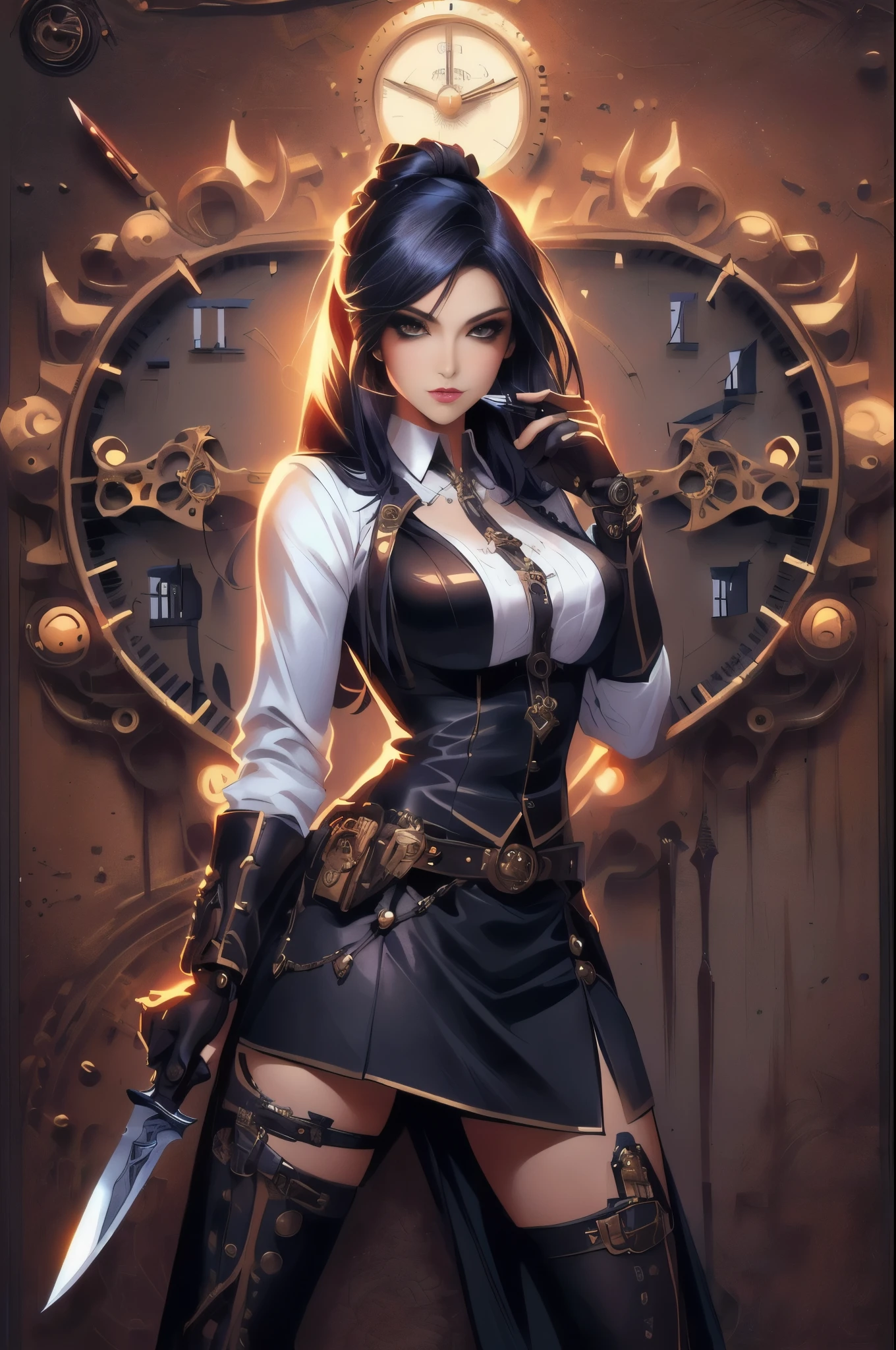 a woman in a skirt and a white shirt holding a knife, zenescope, pinup art, clockpunk, steampunk pin-up girl, pinup. lord of daggers, artgasm, like lady mechanika, beautiful comic art, alejandro burdiso style art, steampunk beautiful anime woman, high quality steampunk art, clockwork woman, deviant art