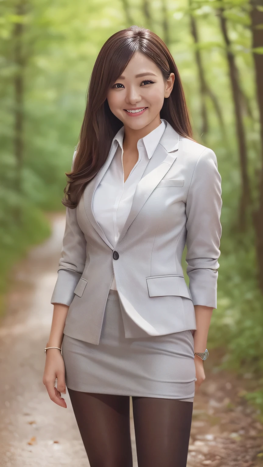  Best Quality  、8k、masterpiece、  ultra high resolution 、Clear Photo、  professional lighting  、Natural Light、Realistic、 High Definition Skin、  perfect anatomy、One Woman、Age 30、:1.8、Large Breasts、blonde 、Beautiful Hair、smile、(Grey tight suit、 white shirt 、 gray jacket 、 gray pencil skirt:1.4、Perfect Pantyhose、  black pantyhose:1.2)、((Little River in the Forest 、Under the sunlight filtering through the trees))、Standing and posing sexy、((( full body shot:1.1)))