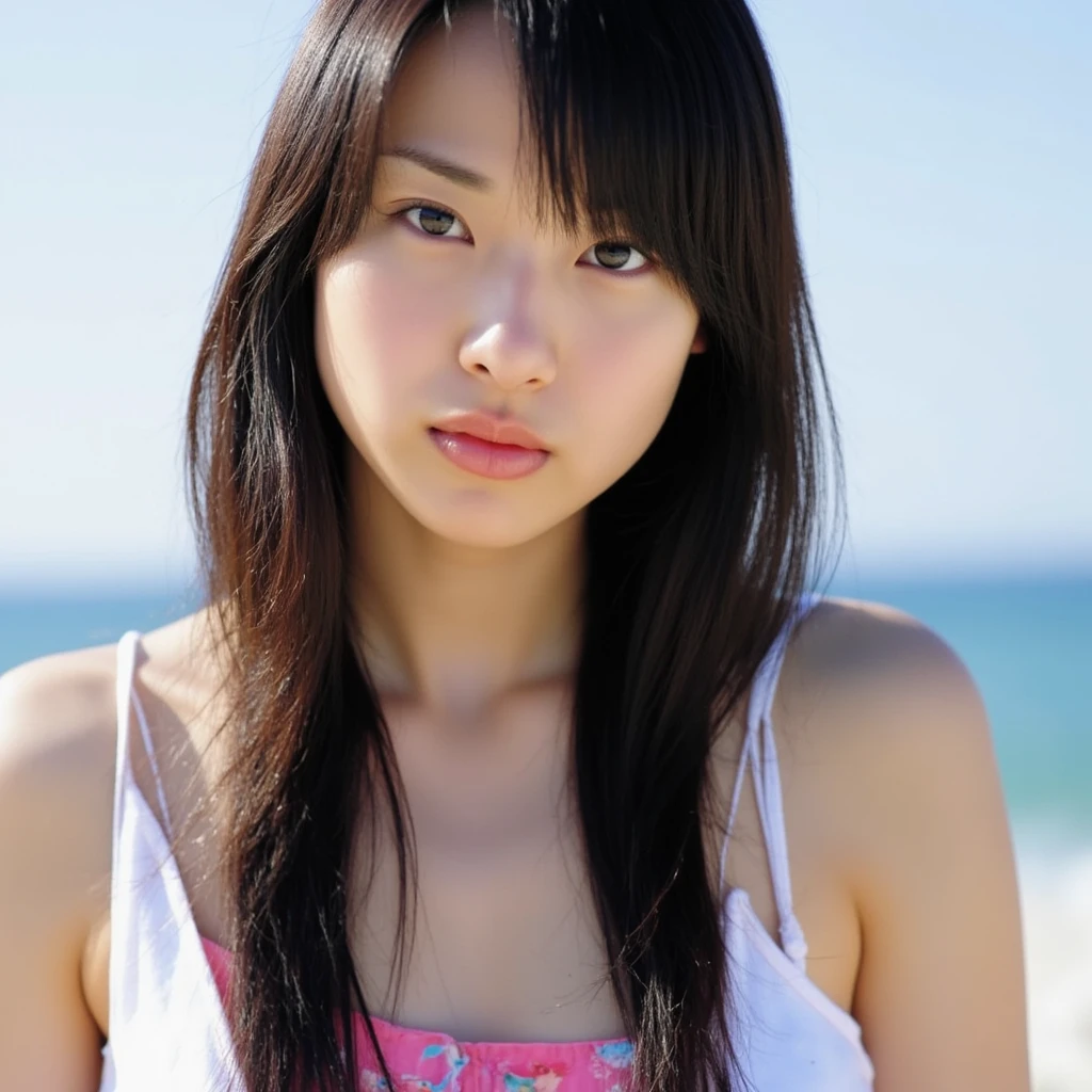 (micro bikini:1.4),The image is incredibly detailed and of such high resolution that it creates an illusion of reality. Captured by a professional photographer with a DSLR camera,the focus is perfectly on the face of an adult Japanese woman. She is a stunningly beautiful and charming woman,radiating warmth with her gentle smile as she gazes directly at the viewer. Her skin is fair and smooth,showcasing a healthy glow. The lighting is bright and inviting,coming from directly in front of her,highlighting her delicate features,including her bright eyes and long,beautiful black hair. The setting is on a sandy beach by the sea,with her body facing forward in a playful manner,conveying a sense of joy and liveliness. The composition captures her from the chest up,emphasizing that it is a head-on portrait. The background features the sunlit ocean,creating a vibrant and cheerful atmosphere.,