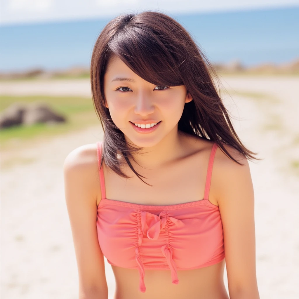 (micro bikini:1.4),The image is incredibly detailed and of such high resolution that it creates an illusion of reality. Captured by a professional photographer with a DSLR camera,the focus is perfectly on the face of an adult Japanese woman. She is a stunningly beautiful and charming woman,radiating warmth with her gentle smile as she gazes directly at the viewer. Her skin is fair and smooth,showcasing a healthy glow. The lighting is bright and inviting,coming from directly in front of her,highlighting her delicate features,including her bright eyes and long,beautiful black hair. The setting is on a sandy beach by the sea,with her body facing forward in a playful manner,conveying a sense of joy and liveliness. The composition captures her from the chest up,emphasizing that it is a head-on portrait. The background features the sunlit ocean,creating a vibrant and cheerful atmosphere.,