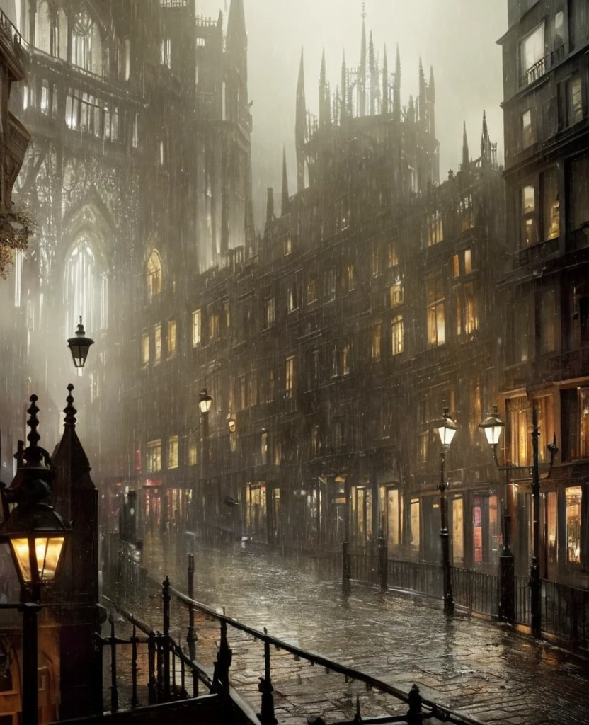 An atmospheric scene of a somber, rain-soaked gothic cityscape inspired by Hollow Knight, featuring tall and narrow buildings with intricate stonework, dark and misty streets, and soft rain falling through dim lantern lights. The city appears vast and isolated, evoking a sense of melancholy and mystery. In the background, blurred spires and archways loom against a cloudy night sky