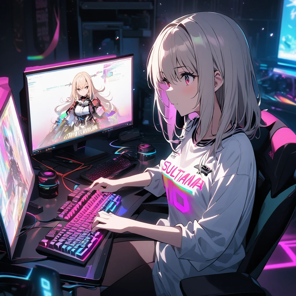 A anime girl sitting at a desk, intensely gaming in his computer monitor. He is wearing a white jersey that has an RGB effect. The word ' SULTANA ' is written in neon letters on the front of the jersey. The jersey also has the number '10' printed on it. In front of the girl is a ROG theme computer gaming setup complete with an RGB effect key.