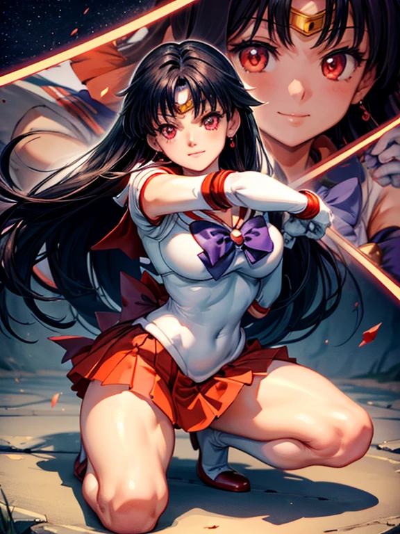 (Very detailed),Mid-chest, Detailed hands, Sailor Mars,I'm injured、On one knee、(((Crippling)))、(((Her costume is torn and her skin is showing)))、Bleeding、enduring pain、(((Hands tied)))、(((He is in agony after receiving a fierce attack from the enemy.)))、(((Being tied up with rope)))、Crucified、Being attacked by sticky poison