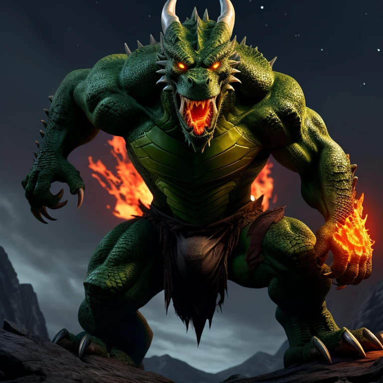 Dragonborn, male, green scaled body, detailed green scales, muscular, attractive, full body, claws, fangs, correct anatomy, fiery glowing eyes, cinematic, high resolution, detailed background, low-angle perspective, leaning, night time, sexy, heroic pose, snarling maw, looking at viewer, mountain background, fiery glowing throat, fiery glowing maw, armored loincloth, bulge, big sheath, big balls, toned belly,