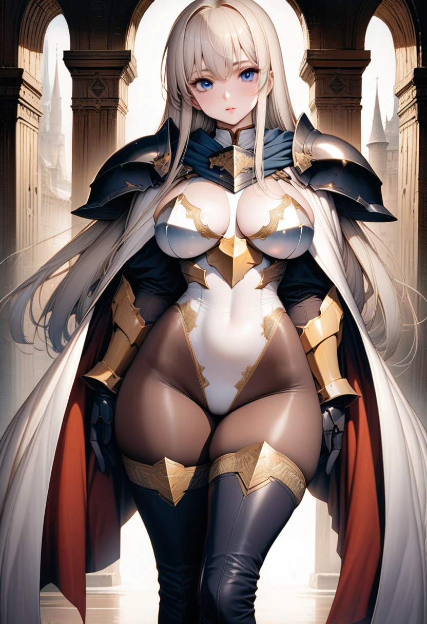 ((masterpiece)),((highest quality)),((8k)),((fantasy art)),(solo),1girl,perfect face,female knight with a spear in her hand,((Skin-tight white leotard: 1.5)),((battle armored dress: 1.5)),((platinum blonde straight hair)), ((Skin-tight zentai)),((goldwork sculpture pattern cloak: 1.3)),((curvy large Busty Breasts breastplate: 1.3)),((Ultra high leg inguinal thigh)),((thigh-high boots)),((long gloves)),(black pantyhose: 1.3), ((Huge shoulder armor: 1.3)), ((Soft Curvy body line)),((curvaceous hips and buttocks: 0.8)), (cameltoe:0.8), Perfect and beautiful blue eyes,perfectly accurate hand,precise five fingers,perfect fingers,makeup, long glove gauntlet, gold thread embroidery leotard,Azur Lane, standing, castle town