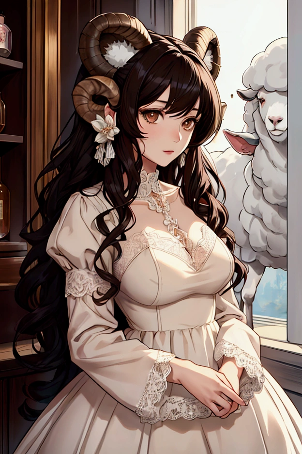 1 girl, retailer, perfect model , Beauty,  black hair ,  long fluffy curly hair,  brown eyes , anime, realistic, pale skin,  brown eyes  claros, flores, dress with lace, with sheep's ears .