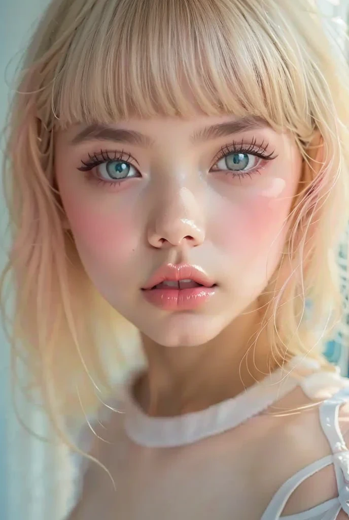   detailed portrait of a  girl piercing blue eyes with thick eyelashes , Super detailed,  photorealistic ,  perfect face, Front View, thick eyelash piercing blue eyes ,  Real Skin,  pink medium length hair with bangs  ,  white high waisted pleated skirt  , Indoor Settings, White Room Background, Natural Light, Soft Shadows,  Cozy and relaxed vibe 