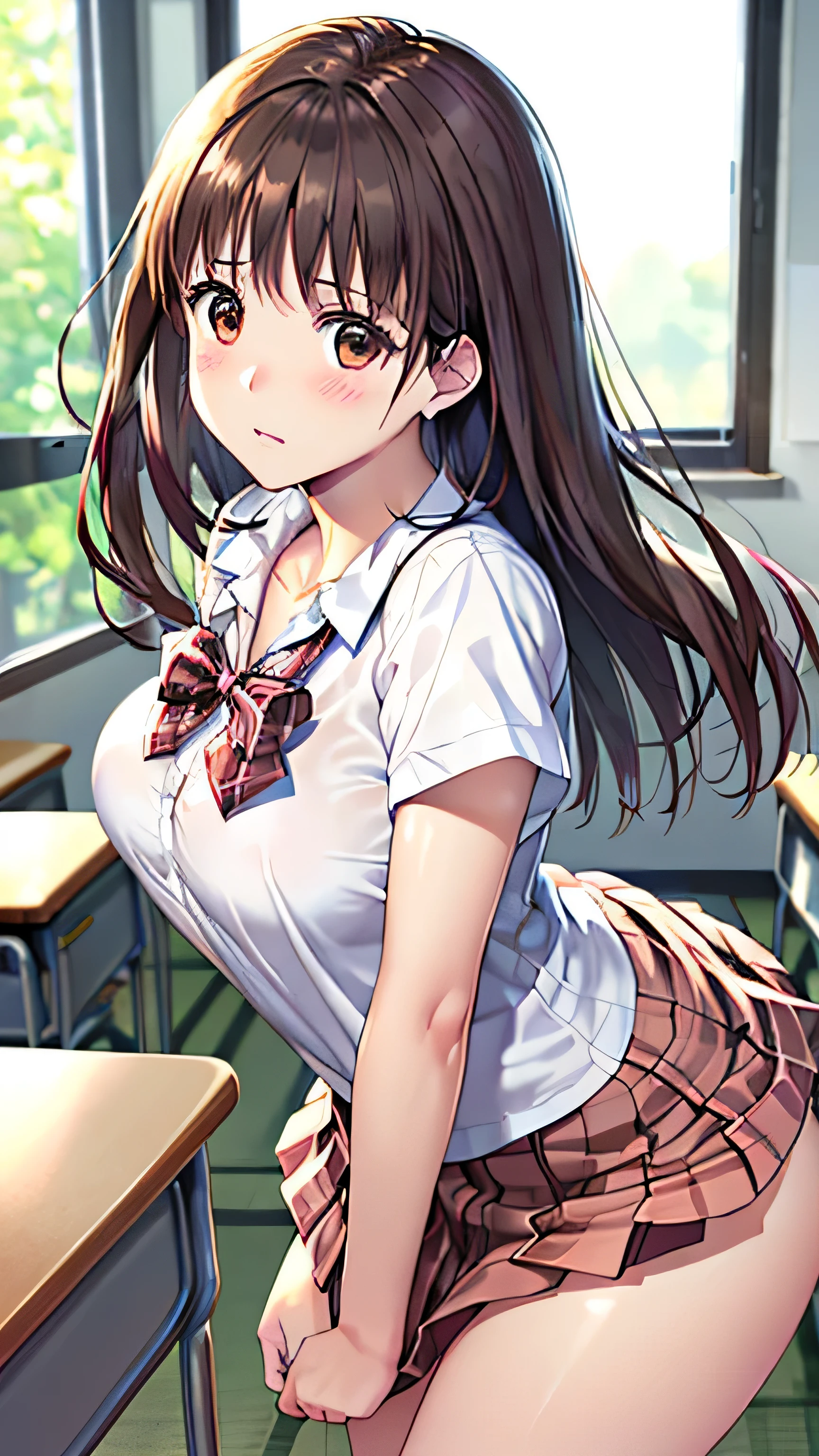 (masterpiece:1.2, for men watching pussy), (Realistic, photoRealistic:1.4), beautiful illustrations from the front, (Natural side lighting, movie lighting ),
show viewers , upper body, 2 girls, Japanese, High school girl, , perfect face, cute and symmetrical face , Shiny Skin , Plump Style、((' skirt is fluttering in the wind)))、
( dark brown hair、 straight hair), asymmetrical bang, Brown Eyes , long eyelashes, ( medium sized breasts ),
Beautiful Hair, Beautiful Face, Beautiful details, Beautiful clavicle, Beautiful body, Beautiful breasts, Beautiful Thighs, beautiful legs with tails, Beautiful fingers,
((Detailed clothing textures、 white shirt , plaid pleated skirt 、White socks、Pink lace panties、 brown loafers ), dark red bow tie ), (((、Wind lift)))、Leaning forward、look back
, , (High school classroom), (Surprised、、 embarrassing),A blushing, embarrassed expression