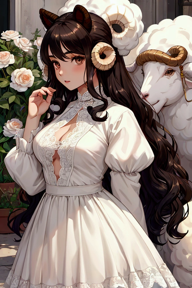 1 girl, semi-human sheep , retailer, perfect model , Beauty,  black hair ,  long fluffy curly hair,  brown eyes , anime, realistic, pale skin,  brown eyes  claros, flores, dress with lace, with sheep's ears .