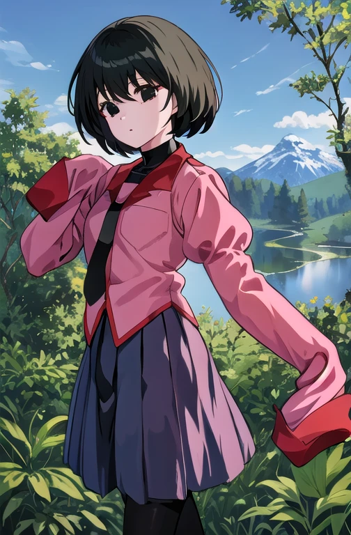 (masterpiece,best quality, detailed), 1980s \(style\), blue sky, day, forest, looking at viewer, mountain, nature, outdoors, tree, 1girl, solo,
oshino ougi, pink shirt, black pantyhose, sleeves past fingers, pleated skirt, black necktie, puffy sleeves, black undershirt, 