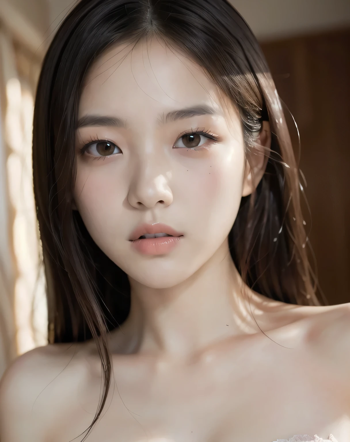 best quality, face focus, soft light, ultra high res, (photorealistic:1.4), RAW photo, {1 japanese girl:, solo},full body, {naked},{ nude},{ bare ,cute, (pupil, lights in the eyes),{{ Double eyelids on both eye}},{{ Long eyelashes}}},detailed beautiful face, (small chest),(high resolution detail of human skin texture), (long hair), {{ White lacre panty and Bra:pink}}