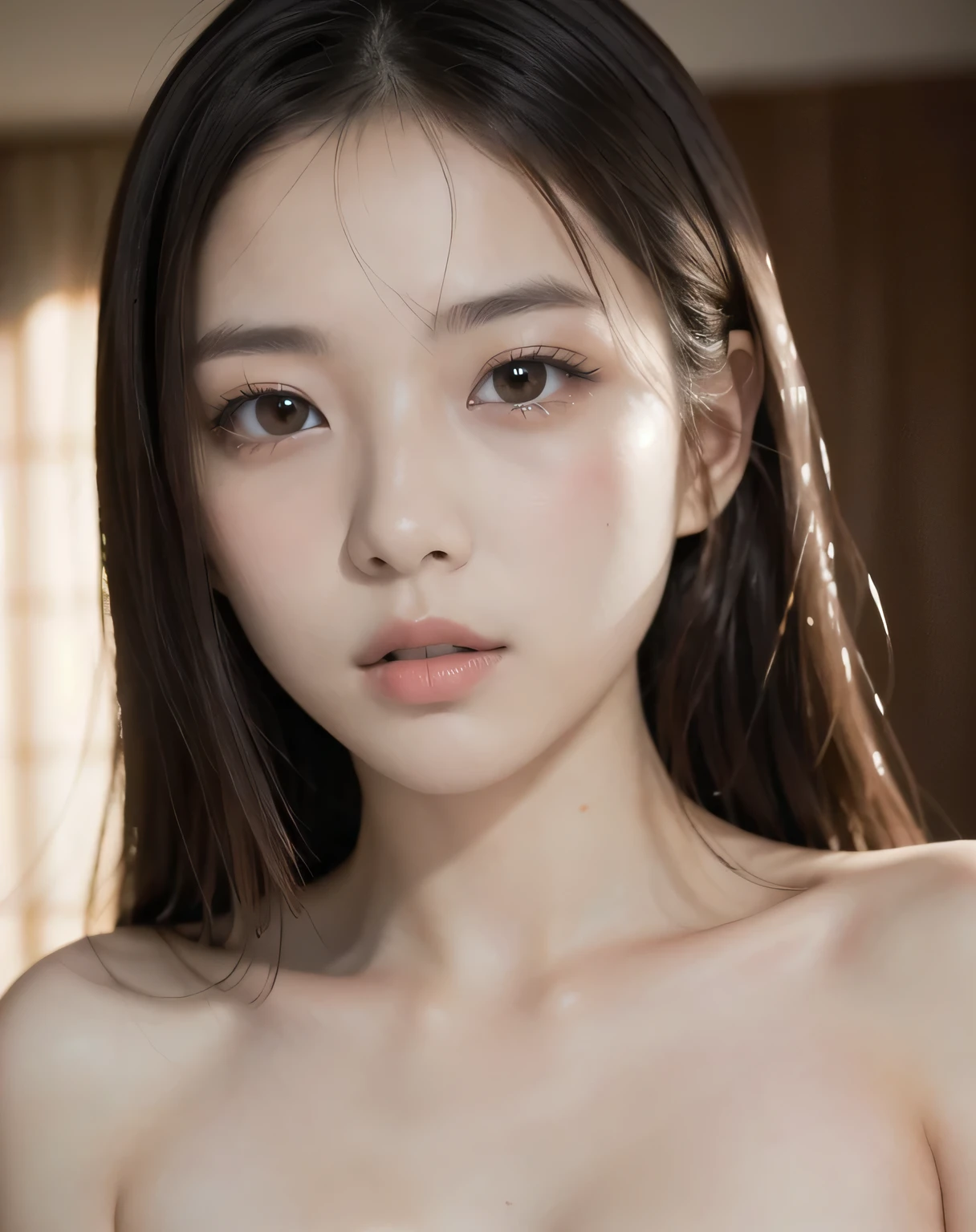 best quality, face focus, soft light, ultra high res, (photorealistic:1.4), RAW photo, {1 japanese girl:, solo},full body, {naked},{ nude},{ bare ,cute, (pupil, lights in the eyes),{{ Double eyelids on both eye}},{{ Long eyelashes}}},detailed beautiful face, (small chest),(high resolution detail of human skin texture), (long hair), {{ White lacre panty and Bra:pink}}