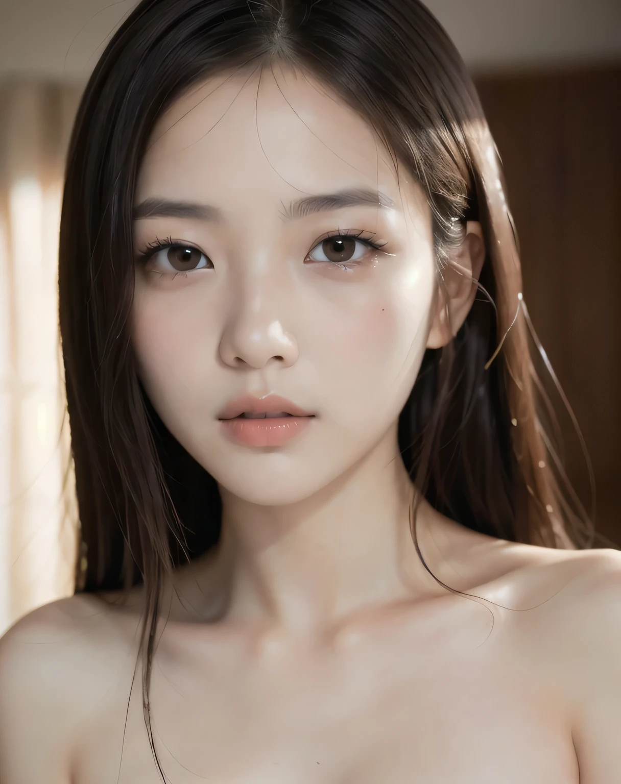 best quality, face focus, soft light, ultra high res, (photorealistic:1.4), RAW photo, {1 japanese girl:, solo},full body, {naked},{ nude},{ bare ,cute, (pupil, lights in the eyes),{{ Double eyelids on both eye}},{{ Long eyelashes}}},detailed beautiful face, (small chest),(high resolution detail of human skin texture), (long hair), {{ White lacre panty and Bra:pink}}