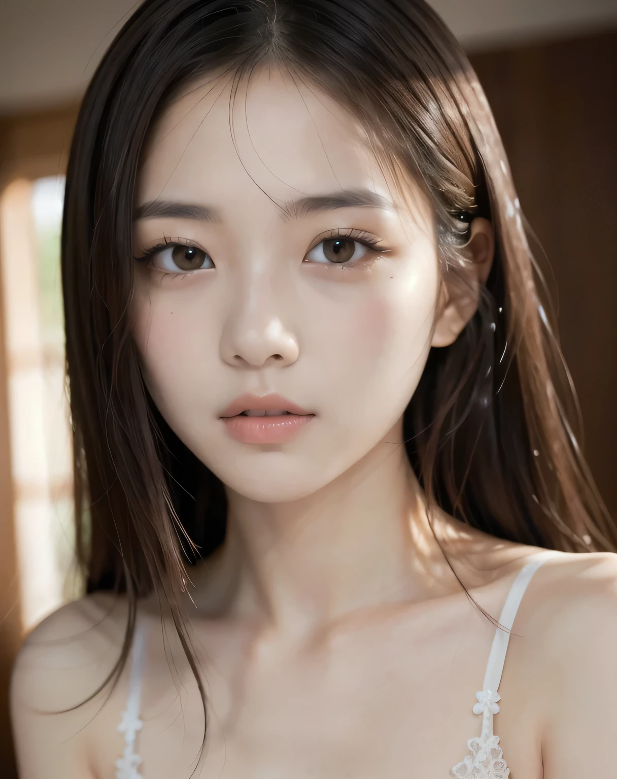 best quality, face focus, soft light, ultra high res, (photorealistic:1.4), RAW photo, {1 japanese girl:, solo},full body, {naked},{ nude},{ bare ,cute, (pupil, lights in the eyes),{{ Double eyelids on both eye}},{{ Long eyelashes}}},detailed beautiful face, (small chest),(high resolution detail of human skin texture), (long hair), {{ White lacre panty and Bra:pink}}