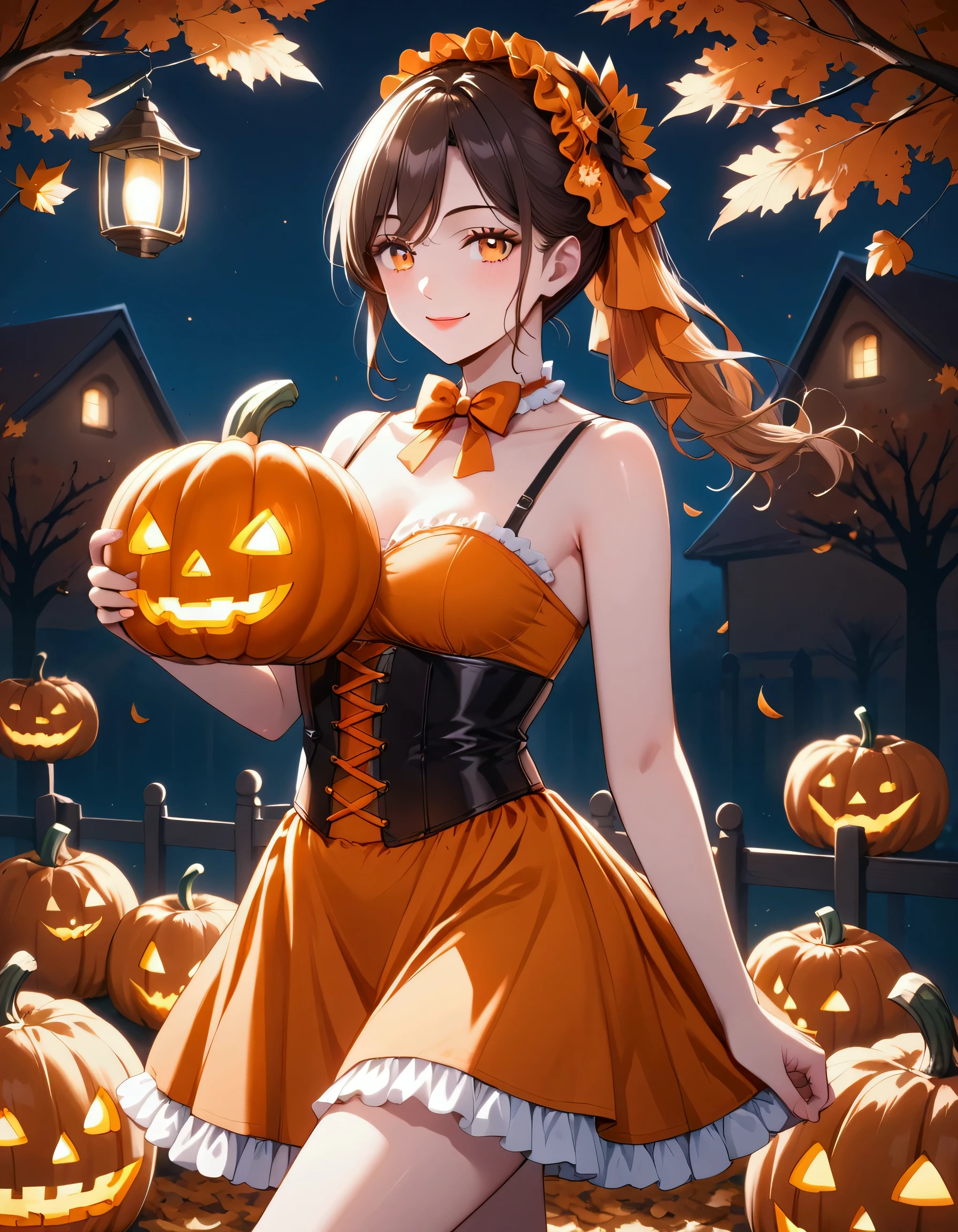 "An anime girl dressed in a glamorous orange and black pumpkin-inspired costume with a corset top and layered skirt. She stands confidently in a pumpkin patch, holding a carved jack-o'-lantern with a seductive smile, surrounded by soft candlelight and autumn leaves."