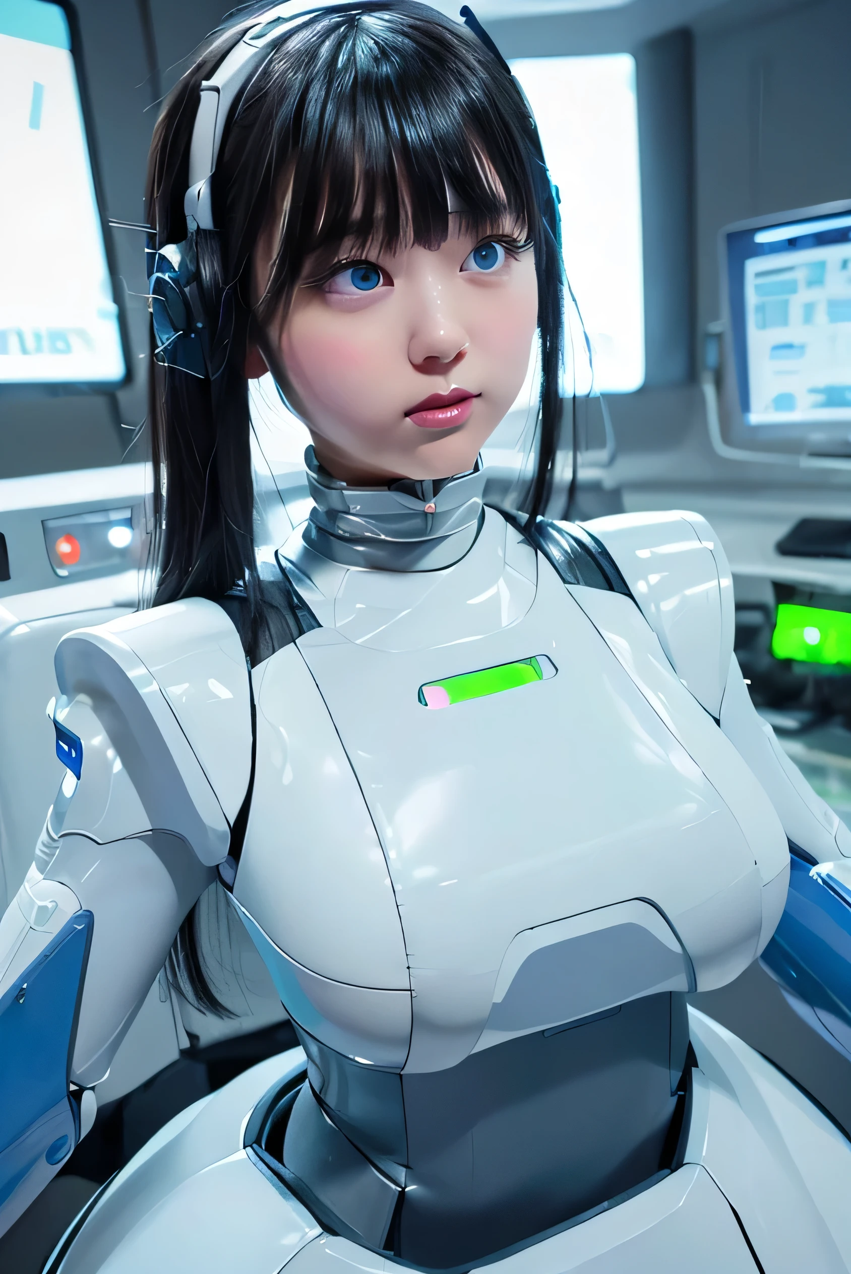 masterpiece, Best Quality, Extremely detailed, Japaese android girl,Plump,chubby,control panels,android,Droid,Mechanical Hand, ,Robot arms and legs, Black hair,Mechanical body,Blunt bangs,White Robotics Parts,perfect robot woman,Charging spot,Long Tube,A thick cable was connected to her neck,ceramic body ,Mechanical body, mechanical ear covers,android,robot humanoid,a bit chubby,panty,full eyes,perfect mechanical body,white robotics body,future laboratory,android factory,mechanical ear cover,white and aqua uniform,costume with aqua accents,perfect cyborg girl,blue eyes,