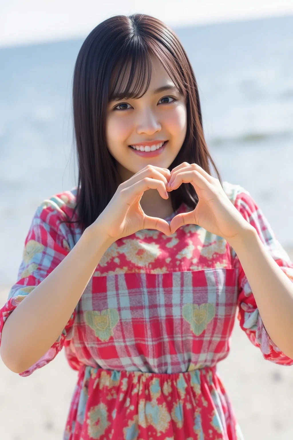 She is in a pose wearing a sexy bikini, making a firm big heart shape with both hands, and holding it in front of her chest, Cute smile up

