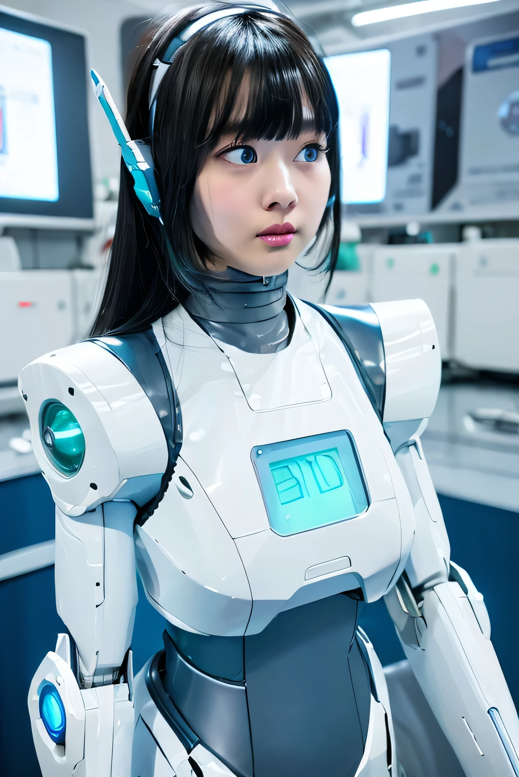 masterpiece, Best Quality, Extremely detailed, Japaese android girl,Plump,chubby,control panels,android,Droid,Mechanical Hand, ,Robot arms and legs, Black hair,Mechanical body,Blunt bangs,White Robotics Parts,perfect robot woman,Charging spot,Long Tube,A thick cable was connected to her neck,ceramic body ,Mechanical body, mechanical ear covers,android,robot humanoid,a bit chubby,panty,full eyes,perfect mechanical body,white robotics body,future laboratory,android factory,mechanical ear cover,white and aqua uniform,costume with aqua accents,perfect cyborg girl,blue eyes,