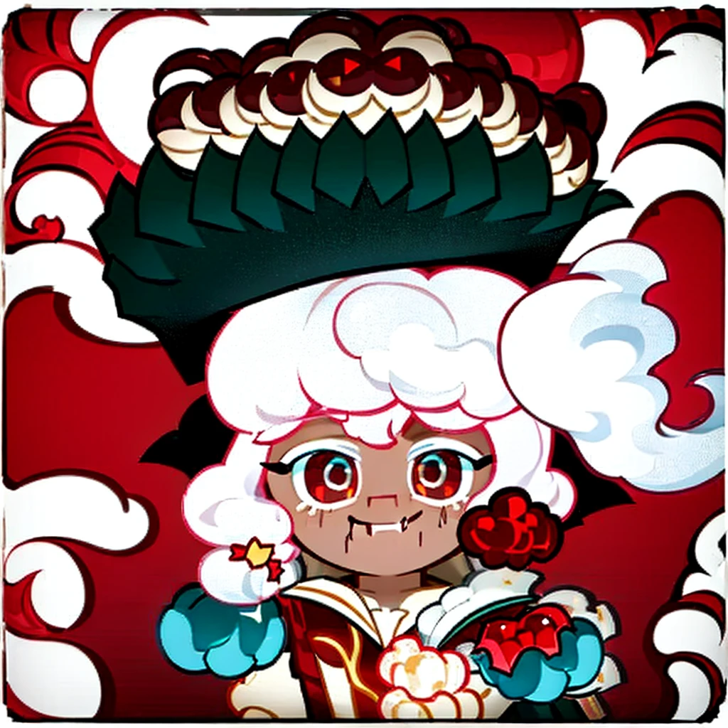 Buttercream Cookie, Sprinkles on top of head, white Hair, Medium Hair, hime cut hair swept bangs, mouth nearly puing, red Hair Bows, sailor beret, red eyes, no nose, fangs, brown Tracksuit, Cookie Run Style