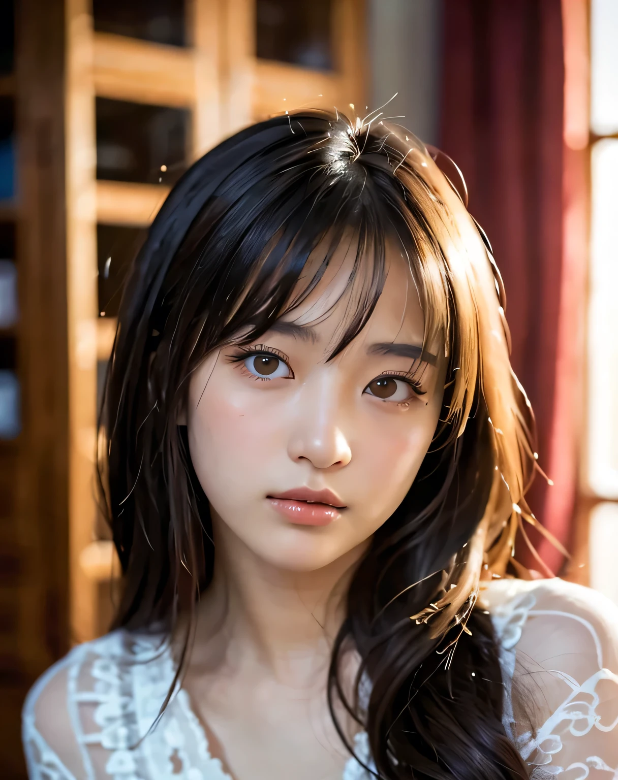 best quality, face focus, soft light, ultra high res, (photorealistic:1.4), RAW photo, {1 japanese girl:, solo},full body, {naked},{ nude},{ bare ,cute, (pupil, lights in the eyes),{{ Double eyelids on both eye}},{{ Long eyelashes}}},detailed beautiful face, (small chest),(high resolution detail of human skin texture), (long hair), , (portrait)