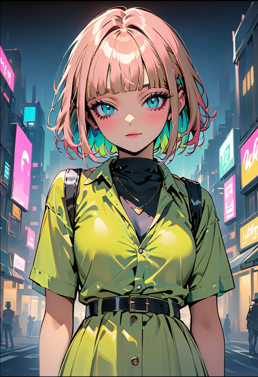 (Highest quality:1.2, City Pop Style, Very detailed, up to date, Vibrant, High Contrast, masterpiece:1.2, Highest quality, Best aesthetics), girl, ((Face Up Shot:1.4)), Colorful Hair, Bobcut, pastel colour, 1980s style, ((Retro, Vintage, Plain background))((HIMIKO TOGA)) 