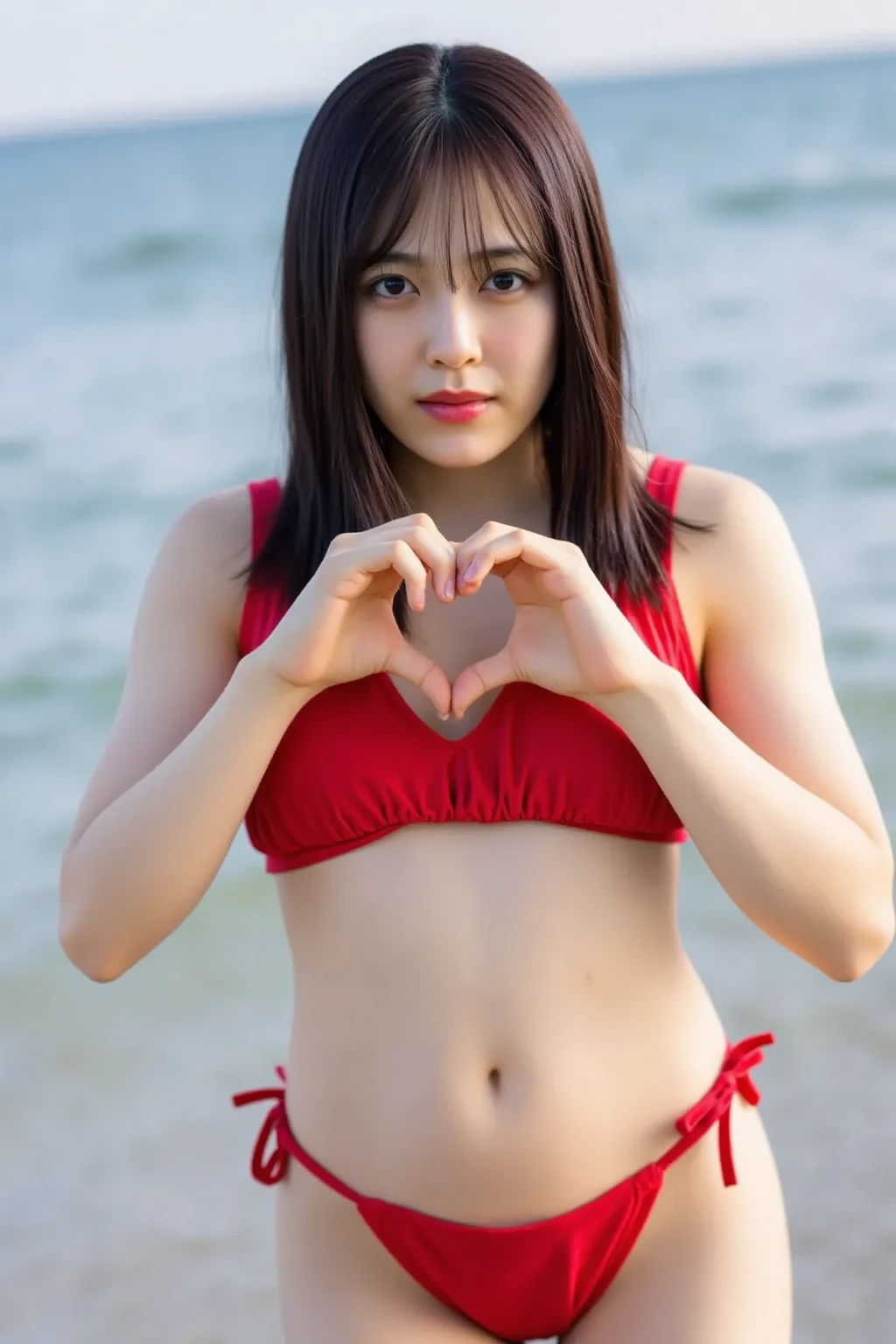 She is in a pose wearing a sexy bikini, making a firm big heart shape with both hands, and holding it in front of her chest, Cute smile up

