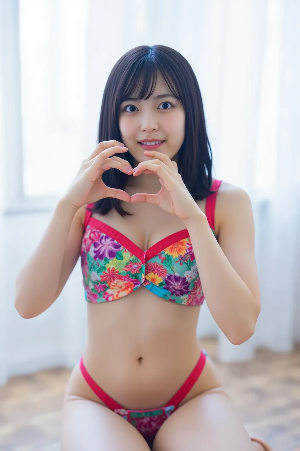 She is in a pose wearing a sexy bikini, making a firm big heart shape with both hands, and holding it in front of her chest, Cute smile up

