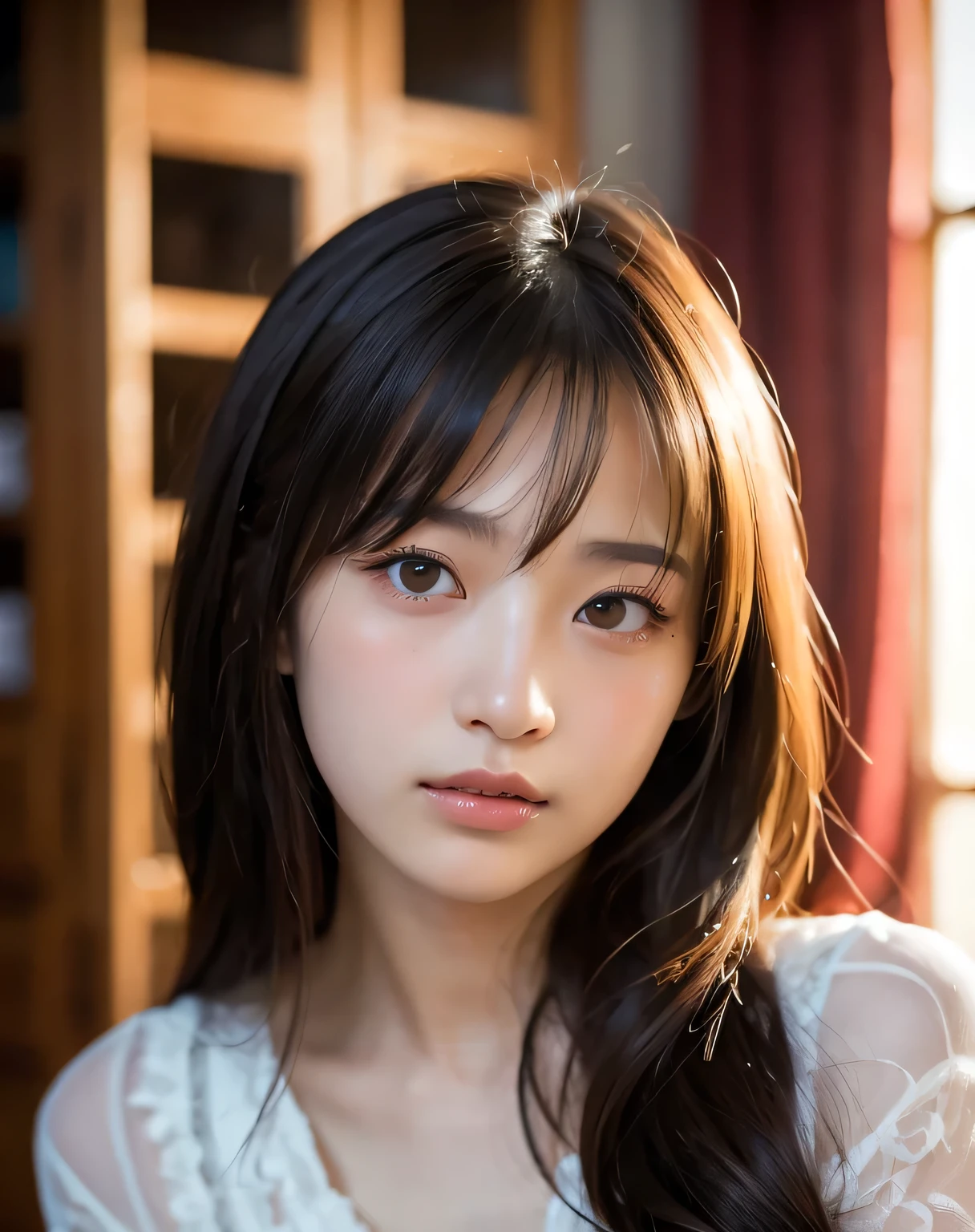 best quality, face focus, soft light, ultra high res, (photorealistic:1.4), RAW photo, {1 japanese girl:, solo},full body, {naked},{ nude},{ bare ,cute, (pupil, lights in the eyes),{{ Double eyelids on both eye}},{{ Long eyelashes}}},detailed beautiful face, (small chest),(high resolution detail of human skin texture), (long hair), , (portrait)