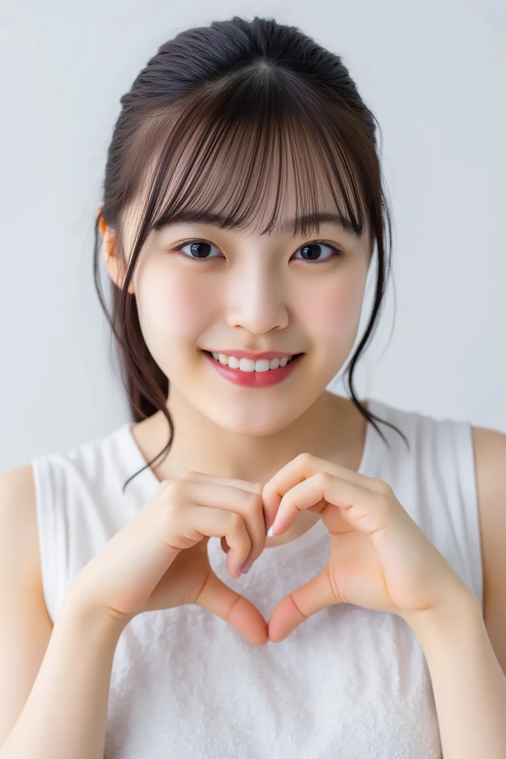 She is in a pose wearing a sexy camisole, making a firm big heart shape with both hands, and holding it in front of her chest, Cute smile up

