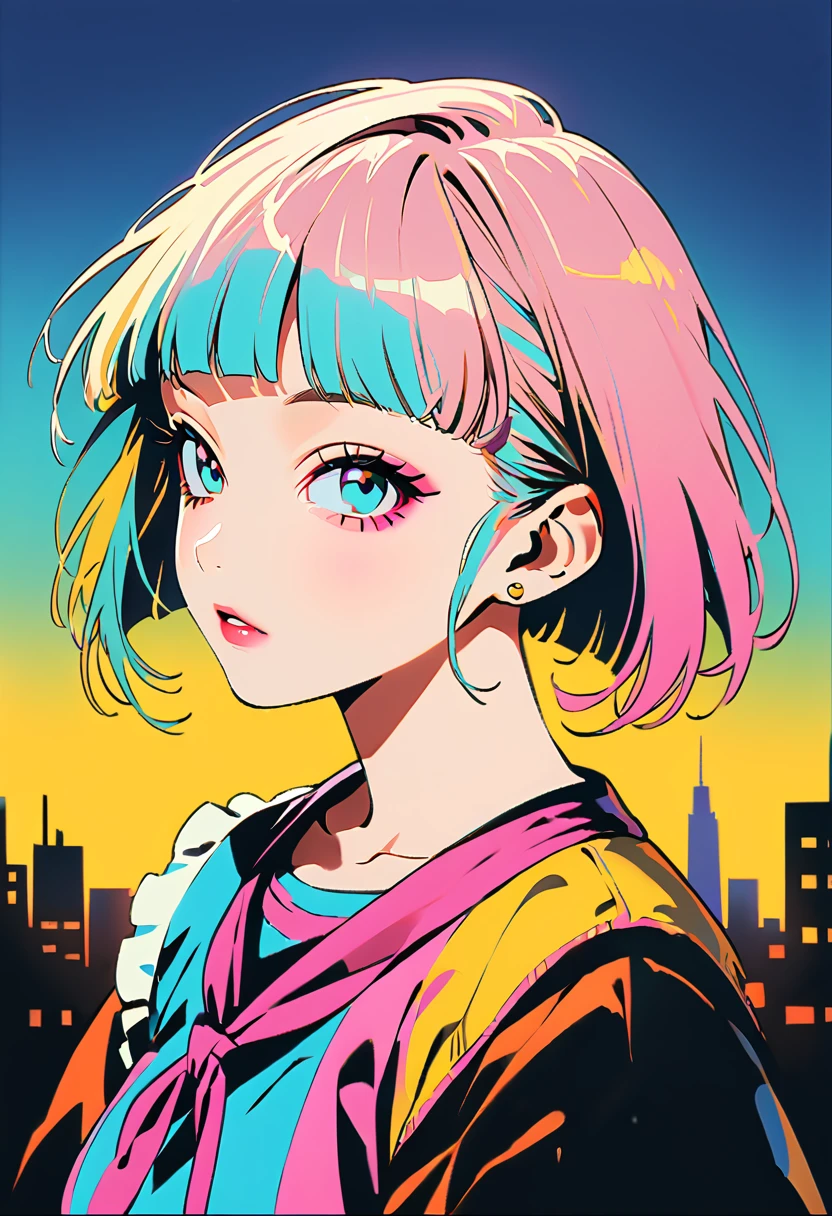 (Highest quality:1.2, City Pop Style, Very detailed, up to date, Vibrant, High Contrast, masterpiece:1.2, Highest quality, Best aesthetics), girl, ((Face Up Shot:1.4)), Colorful Hair, Bobcut, pastel colour, 1980s style, ((Retro, Vintage, Plain background))((HIMIKO TOGA))