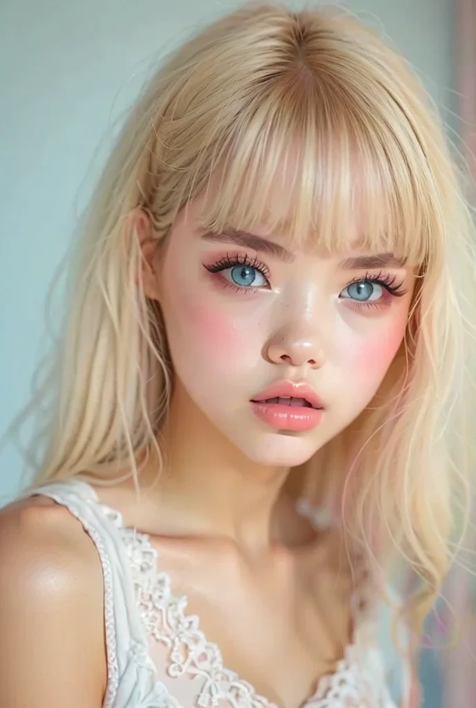   detailed portrait of a teenage girl piercing blue eyes with thick eyelashes , Super detailed,  photorealistic ,  perfect face, Front View, thick eyelash piercing blue eyes ,  Real Skin,  pink medium length hair with bangs  ,  white high waisted pleated skirt  , Indoor Settings, White Room Background, Natural Light, Soft Shadows,  Cozy and relaxed vibe 