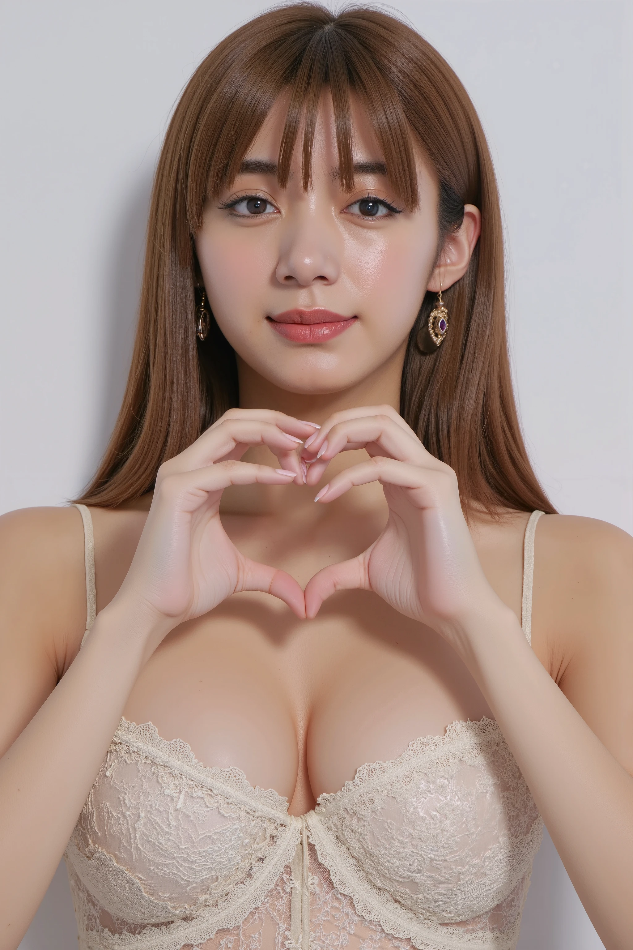 She is in a pose wearing a sexy camisole, making a firm big heart shape with both hands, and holding it in front of her chest, Cute smile up

