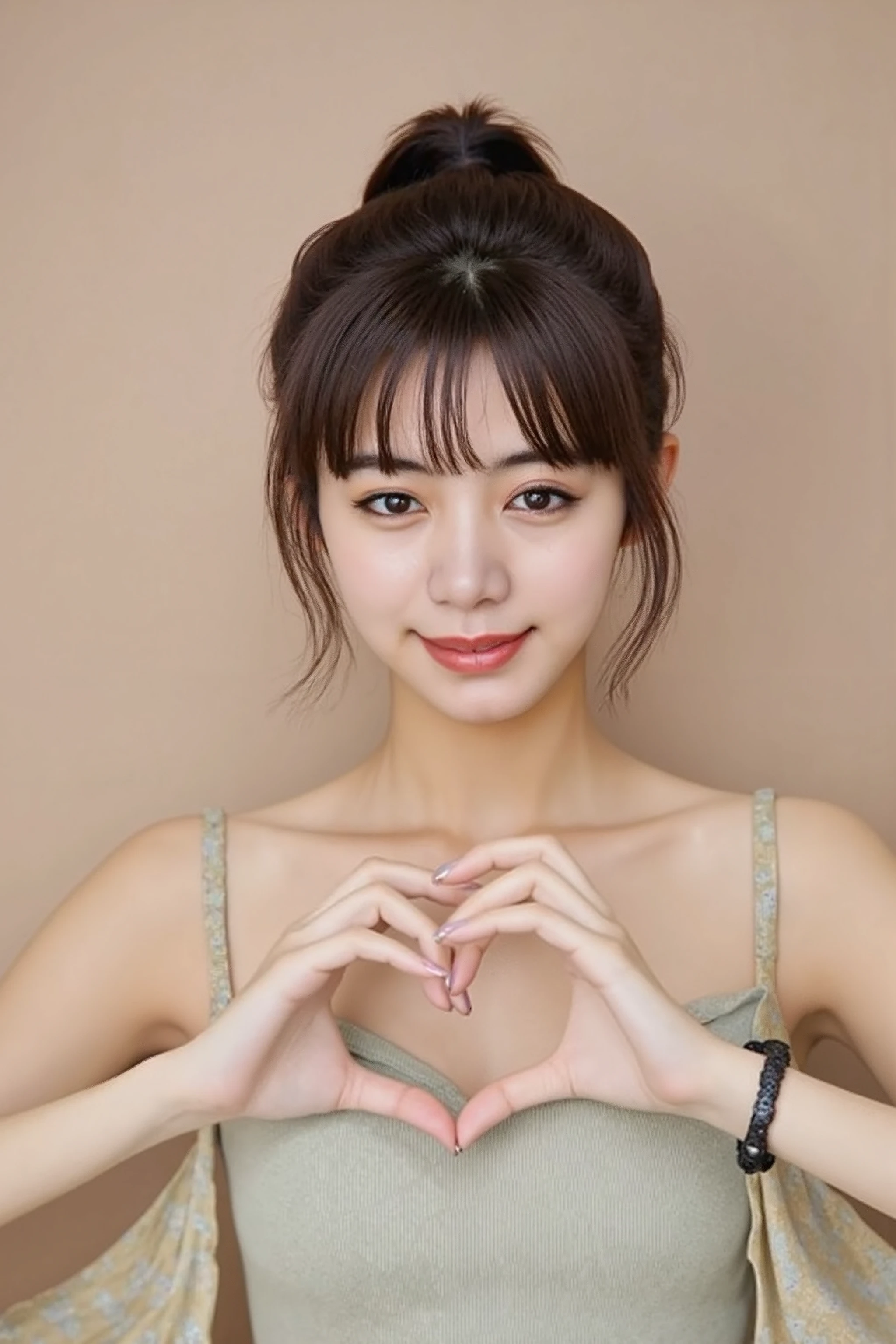 She is in a pose wearing a sexy camisole, making a firm big heart shape with both hands, and holding it in front of her chest, Cute smile up

