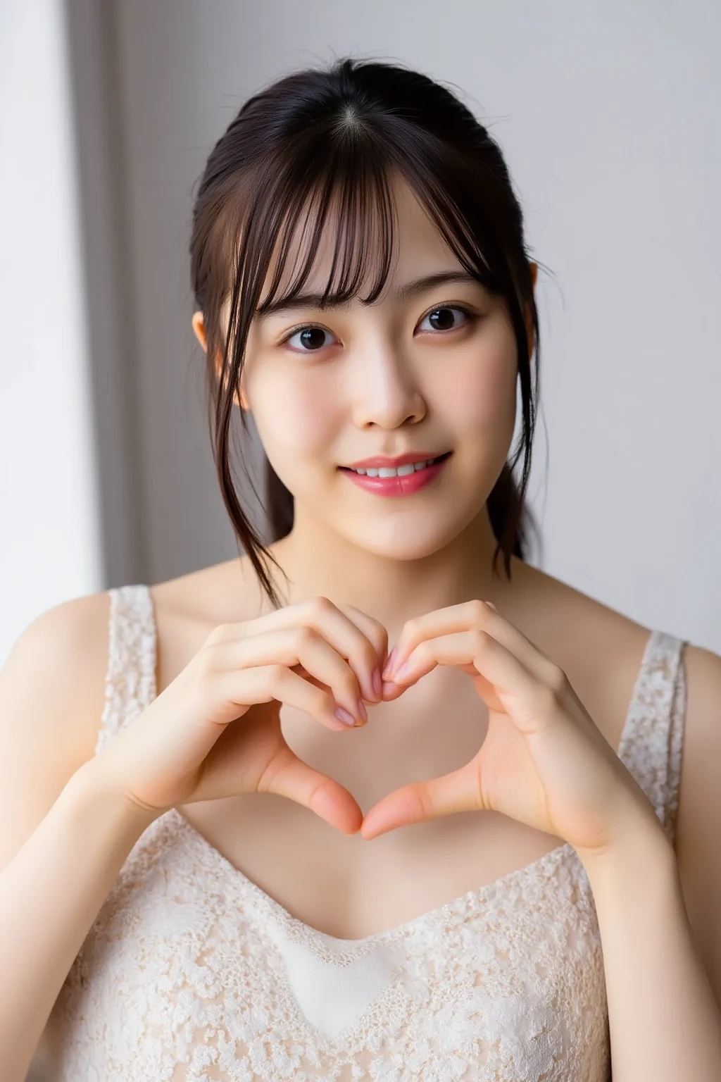 She is in a pose wearing a sexy camisole, making a firm big heart shape with both hands, and holding it in front of her chest, Cute smile up

