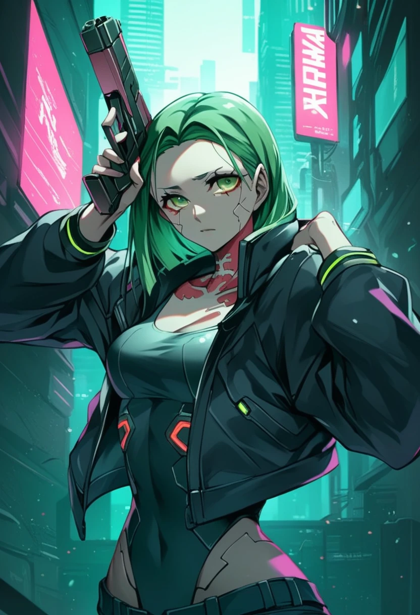 a woman with green eyes and a black jacket holding a gun, anime cyberpunk art, cyberpunk anime girl, best anime 4k konachan wallpaper, cyberpunk anime girl mech, female cyberpunk anime girl, cyberpunk anime art, anime style 4 k, digital cyberpunk anime art, cyberpunk anime girl in hoodie, anime wallpaper 4k, anime wallpaper 4 k, anime cyberpunk