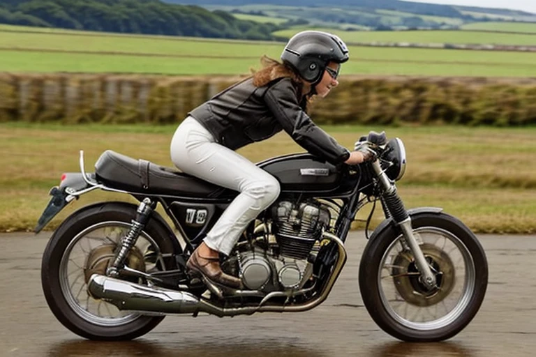 Vintage Bike、victory、Isle of Man Race、(A young female rider is sprinting on a motorcycle)、Leather Jumper、Cronwell Helmet、With goggles、 after rain、British countryside、