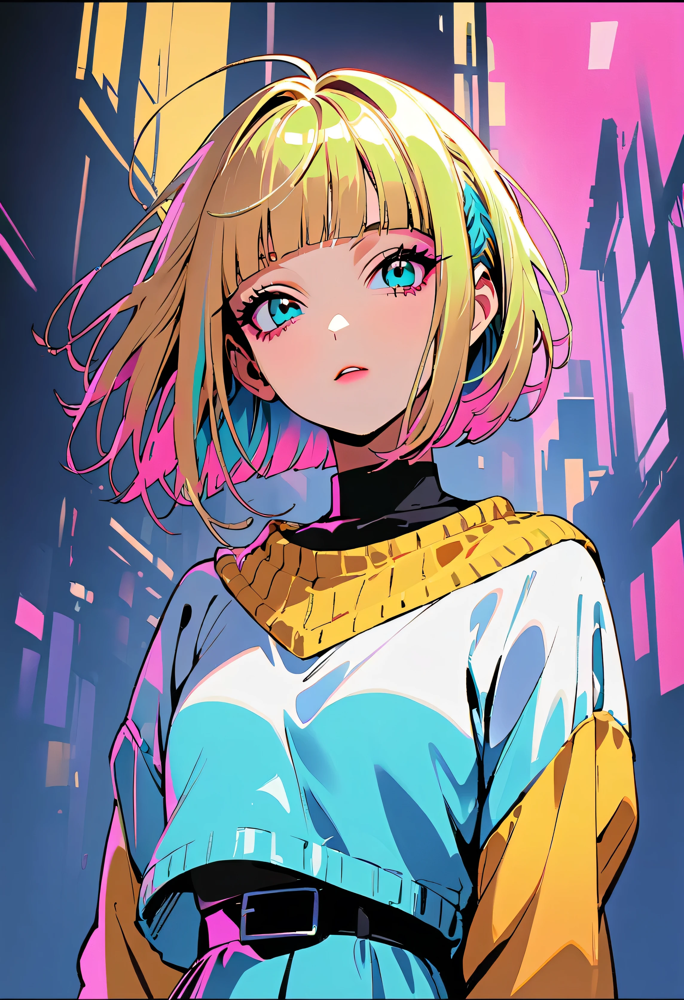 (Highest quality:1.2, City Pop Style, Very detailed, up to date, Vibrant, High Contrast, masterpiece:1.2, Highest quality, Best aesthetics), girl, ((Face Up Shot:1.4)), Colorful Hair, Bobcut, pastel colour, 1980s style, ((Retro, Vintage, Plain background))((HIMIKO TOGA))