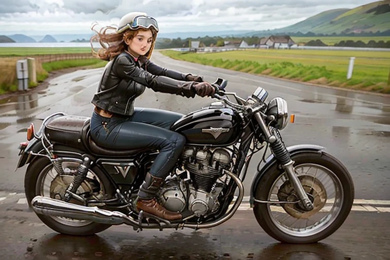 Vintage Bike、victory、Isle of Man Race、(A young female rider is sprinting on a motorcycle)、Leather Jumper、Cronwell Helmet、With goggles、 after rain、British countryside、