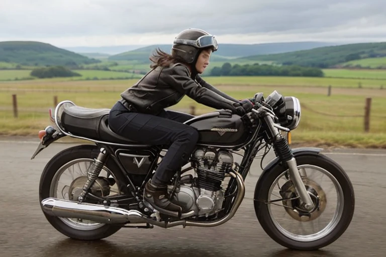 Vintage Bike、victory、Isle of Man Race、(A young female rider is sprinting on a motorcycle)、Leather Jumper、Cronwell Helmet、With goggles、 after rain、British countryside、