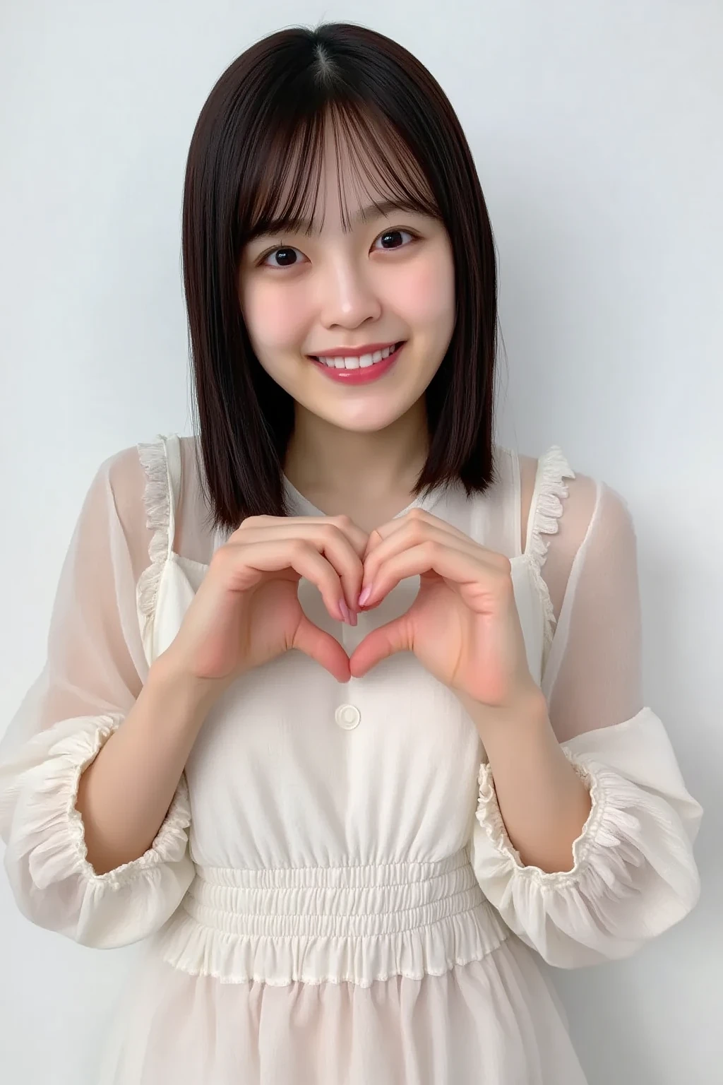 She is in a pose wearing a sexy camisole, making a firm big heart shape with both hands, and holding it in front of her chest, Cute smile up

