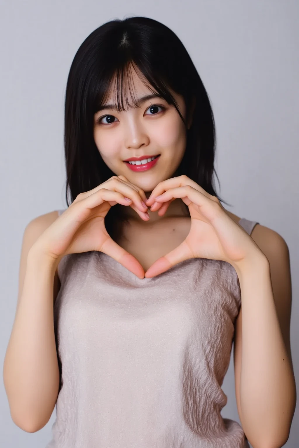 She is in a pose wearing a sexy camisole, making a firm big heart shape with both hands, and holding it in front of her chest, Cute smile up

