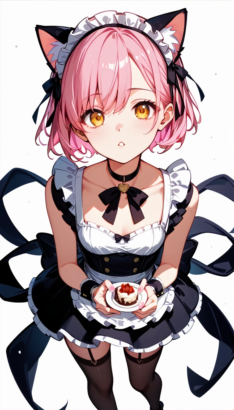  High image quality 、high quality、 one girl playing pranks、 pink hair、 short haired 、 golden eyes、small cleavage 、 short stature 、 simple background、Fisheye Lens、Shooting from above、 girl looking at camera 、 face up 、Looking up、 High Heels 、Cat ears、 maid clothes、 choker with small black ribbon