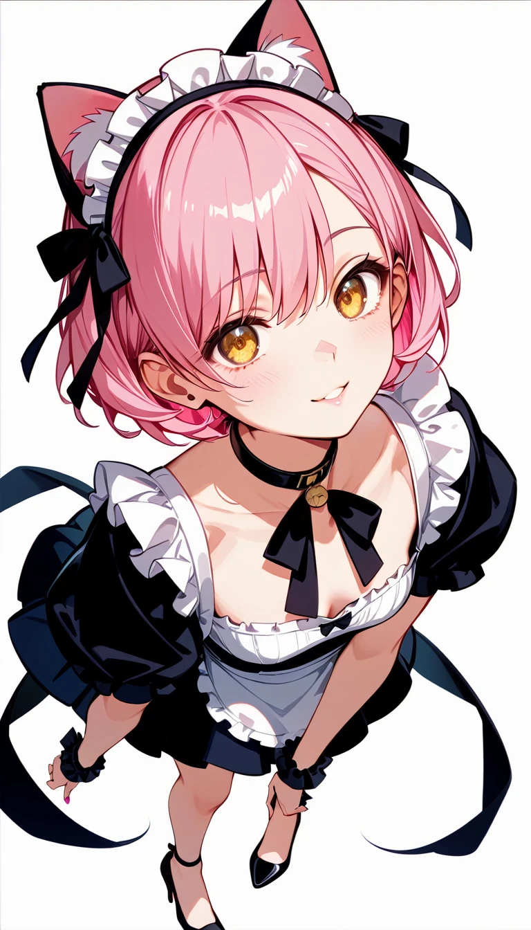  High image quality 、high quality、 one girl playing pranks、 pink hair、 short haired 、 golden eyes、small cleavage 、 short stature 、 simple background、Fisheye Lens、Shooting from above、 girl looking at camera 、 face up 、Looking up、 High Heels 、Cat ears、 maid clothes、 choker with small black ribbon